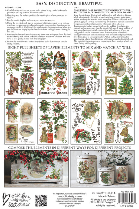 I.O.D. Christmas Joy Transfer (2025), set of 8 sheets, includes step-by-step instructions and photo guides.