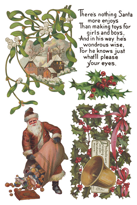 Santa with toys featured in I.O.D. 2025 Christmas Joy Transfer, adding vintage style to a wintry holiday scene.