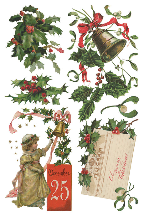 I.O.D. Christmas Joy Transfer 2025 with vintage holly, bells, and girl accents.
