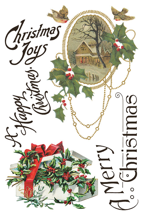 I.O.D. Christmas Joy Transfer 2025 Limited Release featuring vintage card design with holly and birds.
