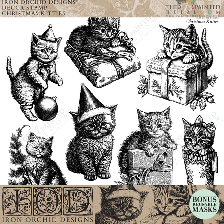 I.O.D. 2023 Limited Release Christmas Kitties Stamp by Iron Orchid Designs with festive kitten art.