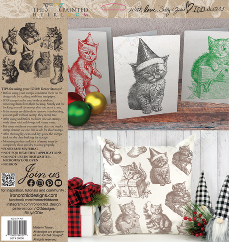 I.O.D. Christmas Kitties Stamp (2023): three kitten cards, two ornaments, and a cat pillow displayed together.