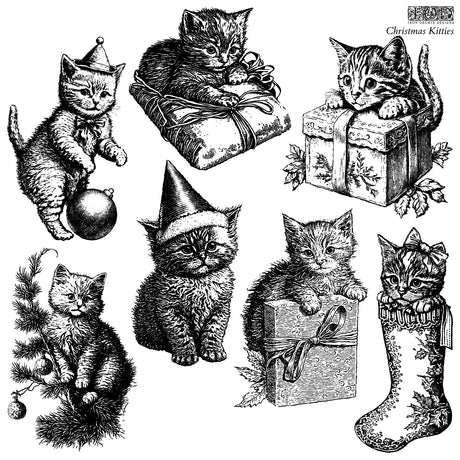 Seven illustrated kittens with gifts and ornaments, inspired by the 2023 IOD Christmas Kitties Stamp.