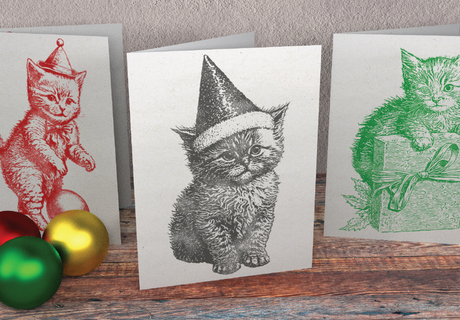 Three cards with IOD’s 2023 Christmas Kitties Stamp showing festive kittens in hats, red and gold ornaments.