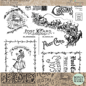 Black & white Christmas Post Stamp (2025 Limited Release) by IOD with vintage postcard art, horses, woman, old text.