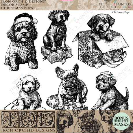 Six vintage puppy gift labels from the 2023 I.O.D. Christmas Pups Stamp by Iron Orchid Designs.