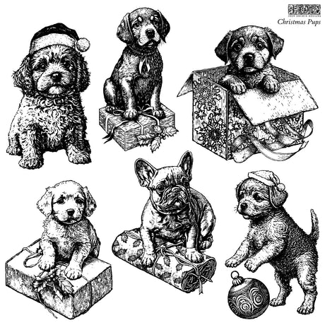 Six puppies in festive attire with gifts, featured on the IOD Christmas Pups Stamp (2023 Limited Release) by I.O.D.