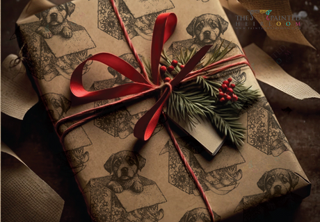 Gift wrapped in dog-print paper with I.O.D. Christmas Pups Stamp (2023), red ribbon, pine sprig, and berries.