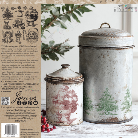 Set of two metal canisters with Santa and tree designs, featuring I.O.D. Christmas Wishes Stamp (2025 edition).