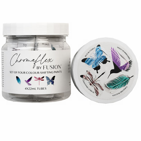 ChromaFlex by Fusion Mineral Paint jar with butterflies, hummingbird on lid, and four iridescent color tubes.