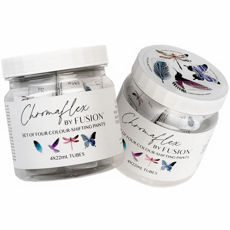 Two ChromaFlex by Fusion Mineral Paint jars, each with four 22mL color-shifting paint tubes featuring butterfly graphics.