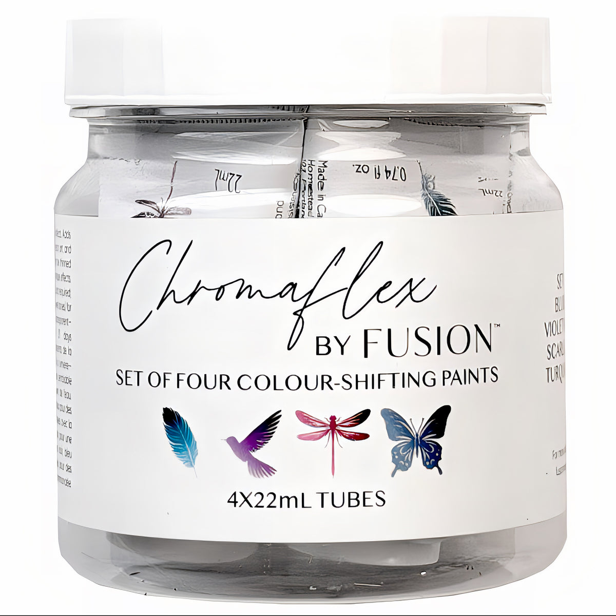 ChromaFlex by Fusion Mineral Paint jar with four 22mL iridescent paints, featuring bird and insect designs.
