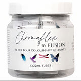 ChromaFlex by Fusion Mineral Paint jar with four 22mL iridescent paints, featuring bird and insect designs.