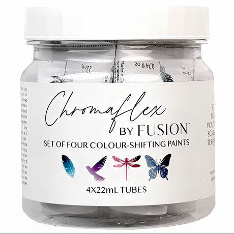 ChromaFlex by Fusion Mineral Paint jar with four 22mL iridescent paints, featuring bird and insect designs.