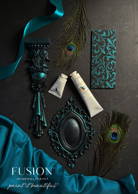 ChromaFlex by Fusion Mineral Paint with teal accents, iridescent paints, fabric, peacock feathers, and ribbon.