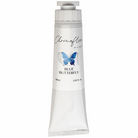 White 60mL ChromaFlex tube by Fusion Mineral Paint with blue butterfly graphic and color-shifting finish on front.