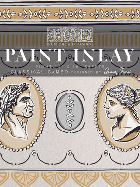 Two framed Classical Cameo portraits facing each other on the I.O.D. Classical Cameo Paint Inlay by Annie Sloan.