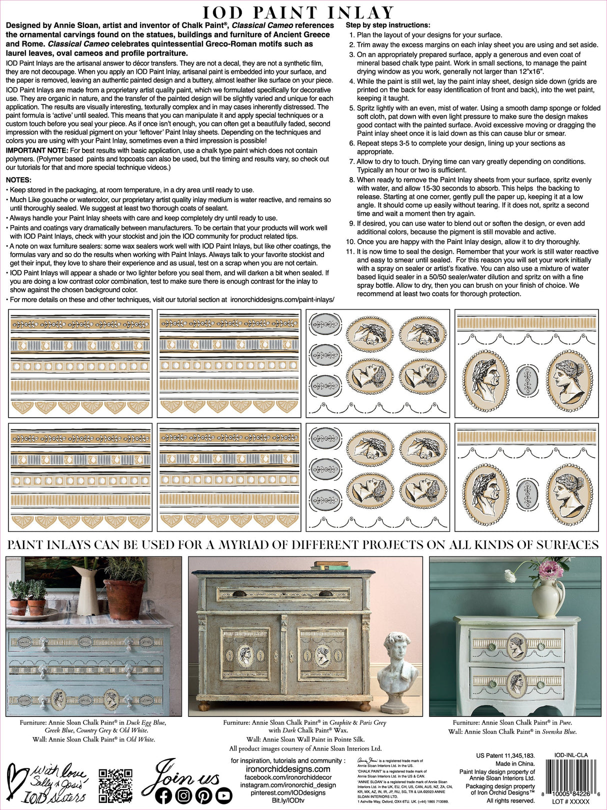 I.O.D. Classical Cameo Paint Inlay by Annie Sloan instruction sheet with patterns, tips, and directions shown.