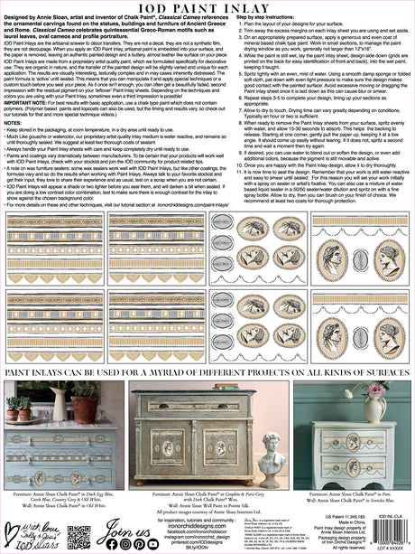 I.O.D. Classical Cameo Paint Inlay by Annie Sloan instruction sheet with patterns, tips, and directions shown.
