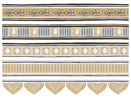 Classical Cameo Paint Inlay by I.O.D. with gold, gray, and black geometric, leaf, and line patterns on white.