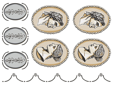 Four Classical Cameos and three oval leaves by I.O.D., designed by Annie Sloan, with scalloped bottom border.