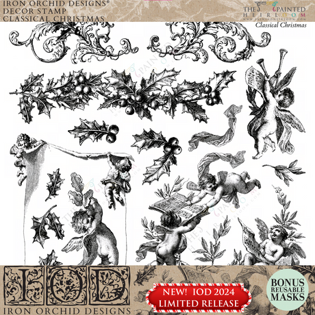 I.O.D. Classical Christmas Stamp 2024 Limited Release featuring cherubs, holly, and festive decor by Iron Orchid Designs.