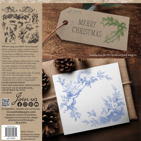 Card featuring blue cherub, floral design, and IOD Classical Christmas (2024) stamp next to pinecone and tag.