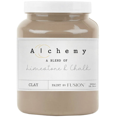 500mL jar of Fusion Mineral Paint Clay Alchemy, beige-taupe-gray color visible inside.