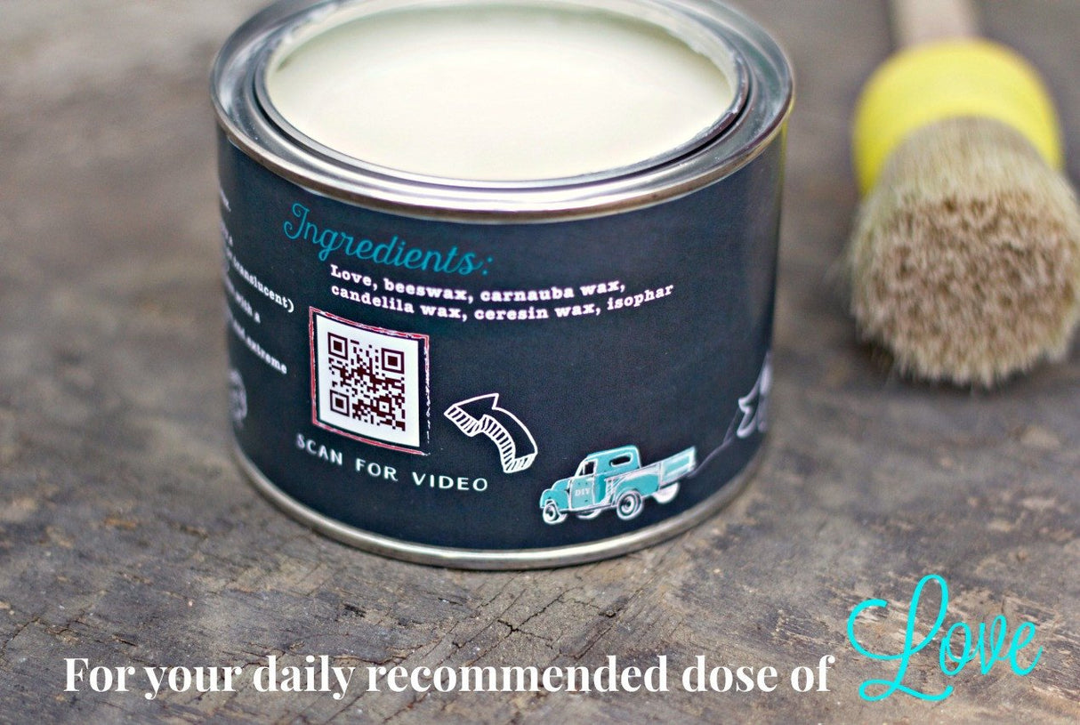 Clear DIY Wax by DIY Paint Co. can with QR code, placed on wood beside a brush, with text overlaying the image.