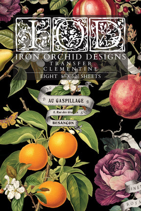 Clementine Transfer (2025) by I.O.D. shows bright fruits, florals, and ornate text on a black background.