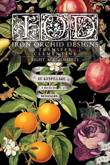 Clementine Transfer (2025) by I.O.D. shows bright fruits, florals, and ornate text on a black background.