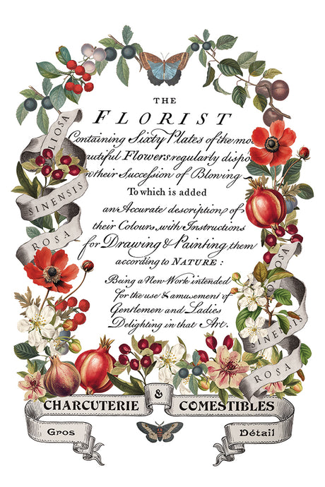 Clementine Transfer (2025) by I.O.D. with a border of flowers, fruit, and butterflies framing vintage text.
