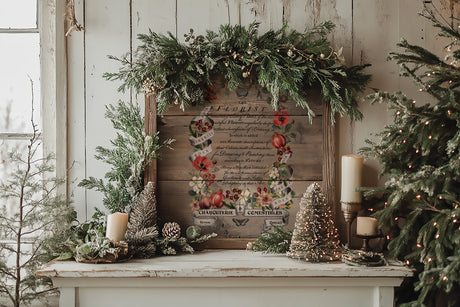 Mantel decor with greenery, candles, art, and Clementine Transfer (2025) by I.O.D. on a white shelf.