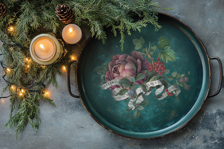 Round tray with florals using I.O.D. Clementine Transfer (2025 Limited Release) displayed with candles and pine.