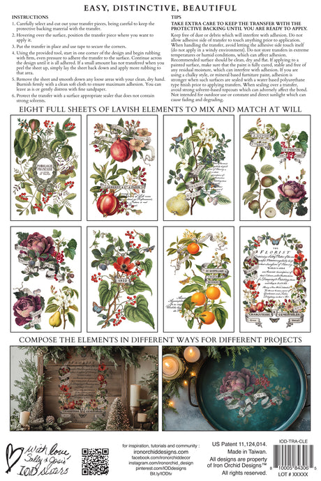 Eight sheets of I.O.D. Clementine Transfer (2025 Limited Release) with fruits, florals, text, and craft sample.