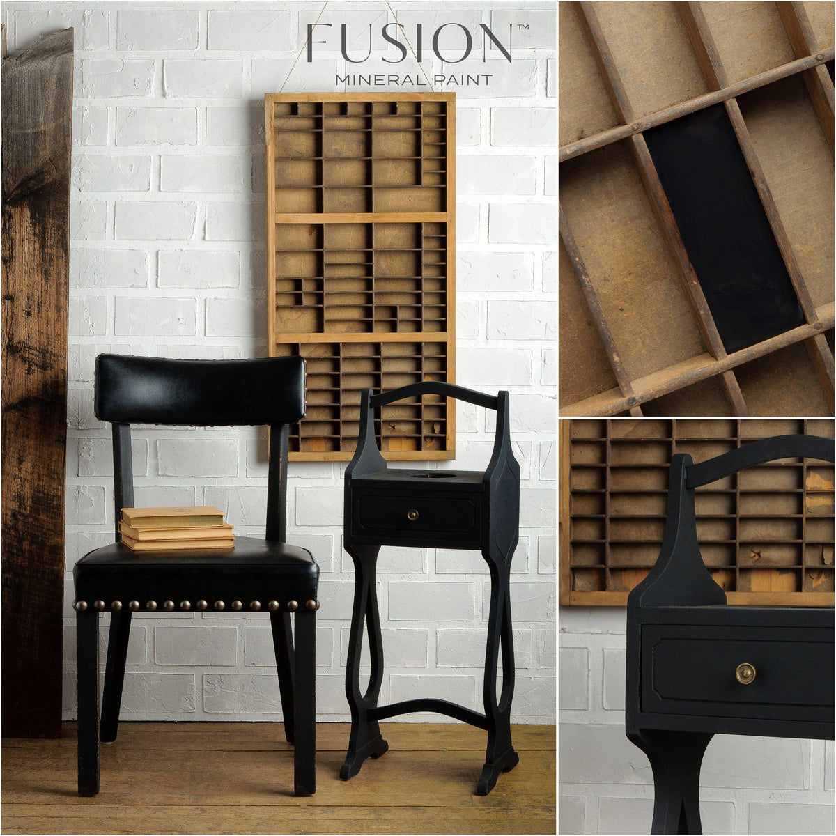 Fusion Mineral Paint Coal Black chair and small table set against a white brick wall with shelf organizer above.