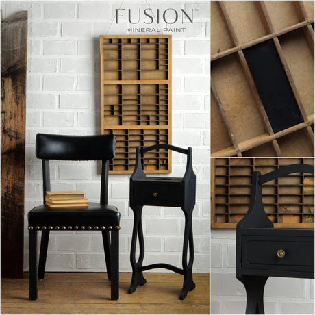 Fusion Mineral Paint Coal Black chair and small table set against a white brick wall with shelf organizer above.