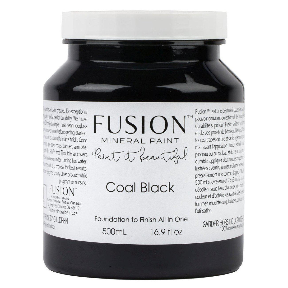 500mL jar of Fusion Coal Black Fusion Mineral Paint, jet black, with product label visible.