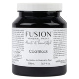 500mL jar of Fusion Coal Black Fusion Mineral Paint, jet black, with product label visible.