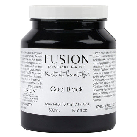 500mL jar of Fusion Coal Black Fusion Mineral Paint, jet black, with product label visible.
