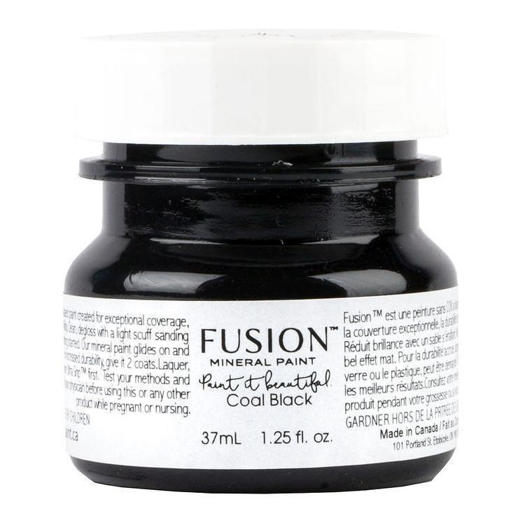 Fusion Mineral Paint 37mL jar in Coal Black with white label and lid.