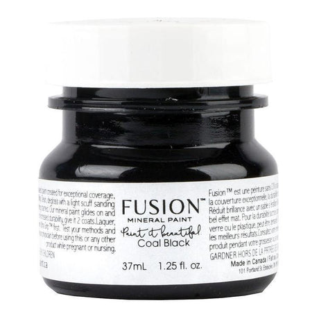 Fusion Mineral Paint 37mL jar in Coal Black with white label and lid.