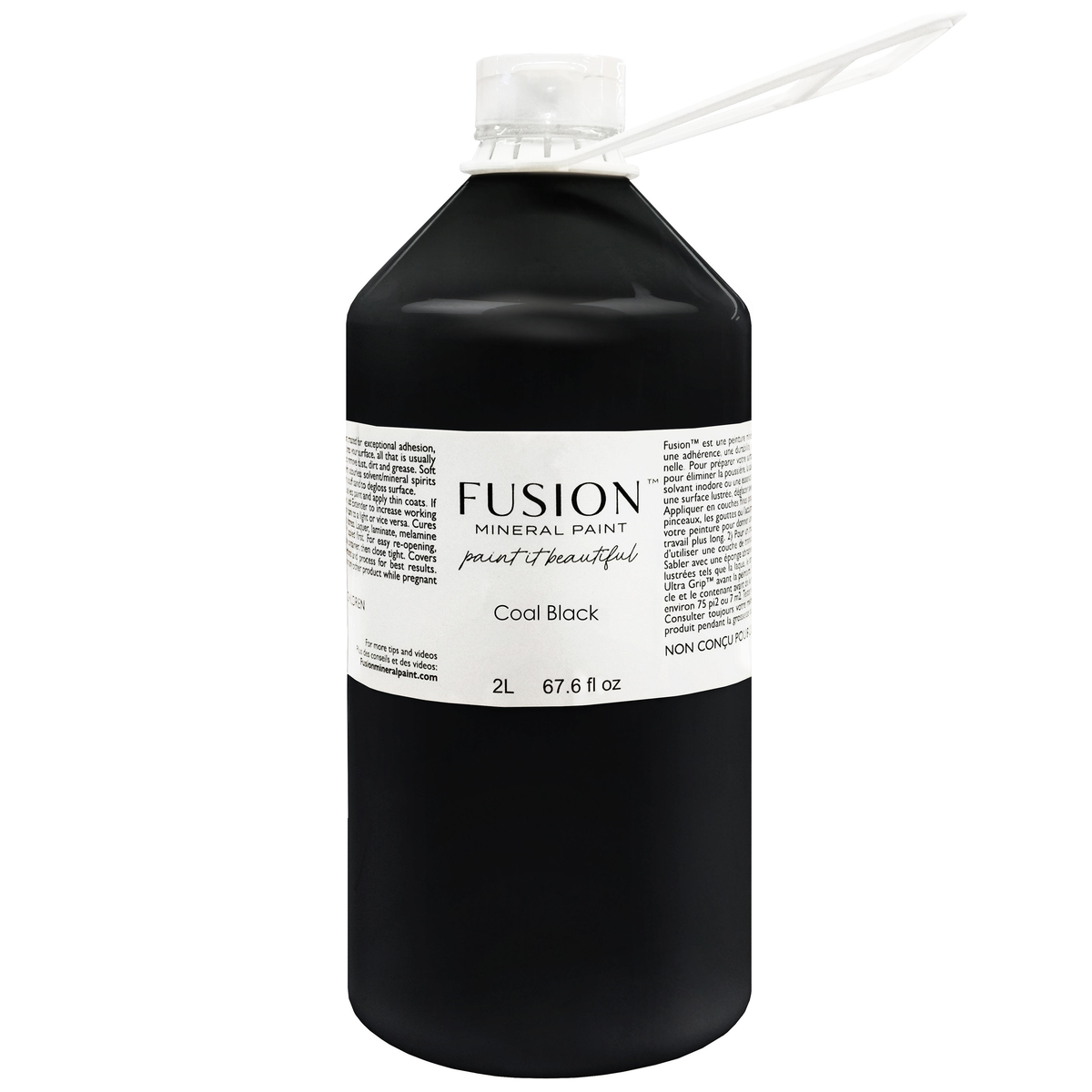 2L Fusion Mineral Paint Coal Black with white cap and stir stick included.