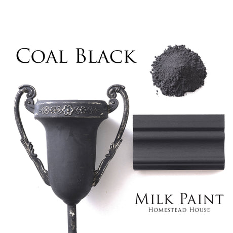 Black urn, powder, and wood sample shown with Homestead House Coal Black Milk Paint finish.