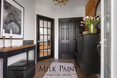 Homestead House Coal Black Milk Paint doors with a console table, flowers, and horse photo in an entryway.
