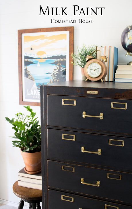 Vintage cabinet in Coal Black Milk Paint by Homestead House styled with books and a plant nearby.