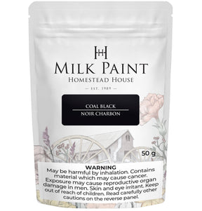 Homestead House 50g Coal Black Milk Paint pouch with health warnings and floral-themed packaging.