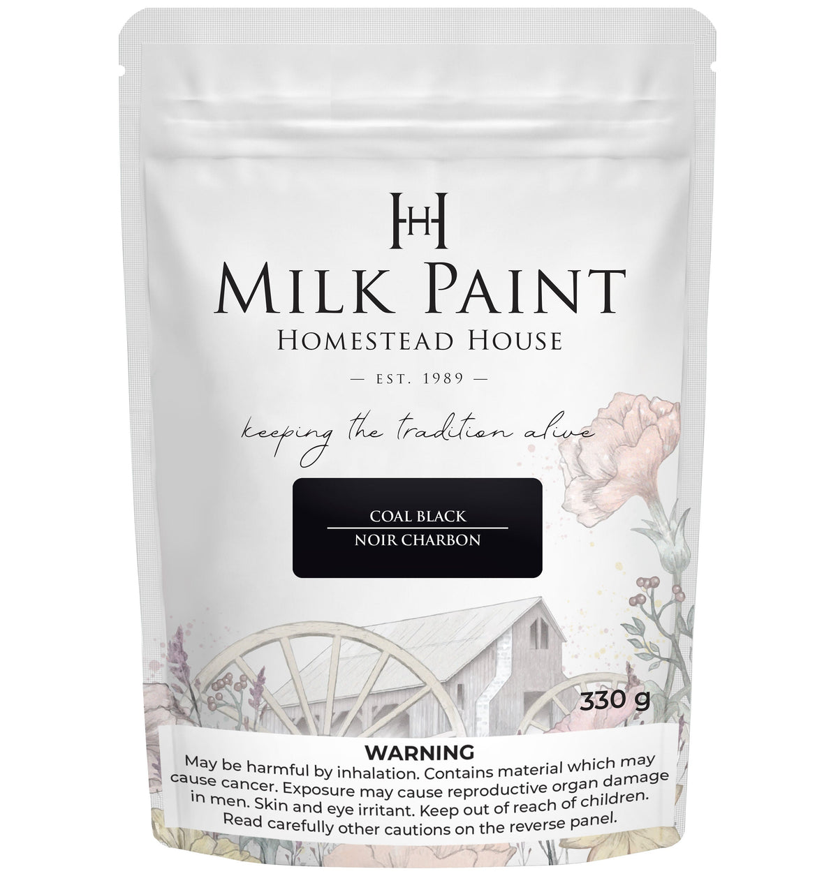 330g Homestead House Coal Black Milk Paint bag with package art.
