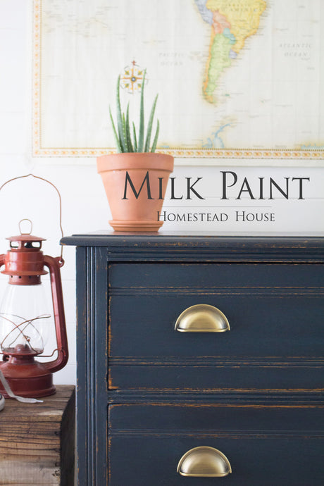 Navy Coal Black Milk Paint dresser by Homestead House with brass handles, topped with a cactus, red lantern, and map.