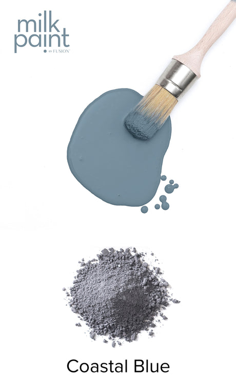 Fusion Mineral Paint Coastal Blue Milk Paint and blue powder with paintbrush.